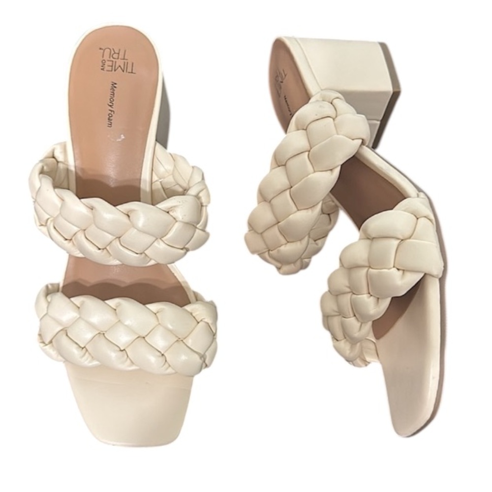Time and Tru Cream Braided Sandals Bone color block heel memory foam size 7